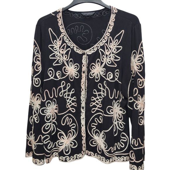 Investments II Cardigan Womens 3X Black Cream V-Neck Button Up Embellished - Picture 1 of 11
